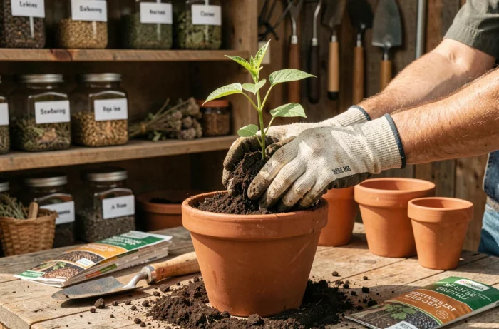 Mains gantées pressant du compost autour d'un jeune plant dans un pot en céramique sur une table de rempotage en bois rustique