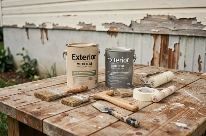 Matériaux de rénovation pour mobil home disposés sur un établi en bois, avec pots de peinture extérieure ouverts, pinceaux et rouleau