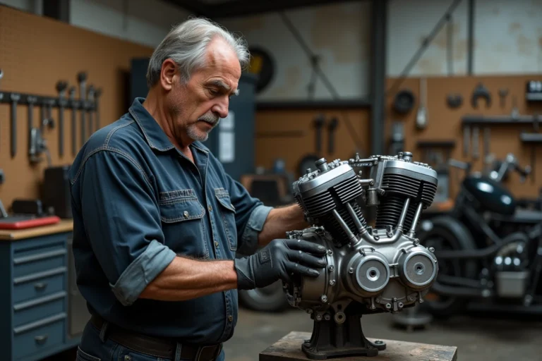 Mécanicien inspectant un moteur Harley-Davidson Milwaukee-Eight dans un atelier de réparation moto authentique