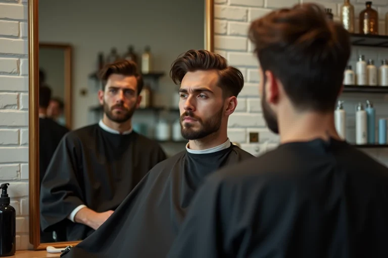 Coiffeur professionnel examinant une mèche blonde ratée sur les cheveux bruns d'un homme dans un salon de coiffure moderne