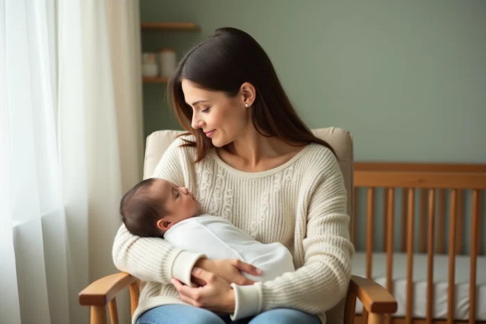 Jeune mère tenant tendrement son nouveau-né emmailloté dans une chambre de bébé décorée avec soin en tons naturels