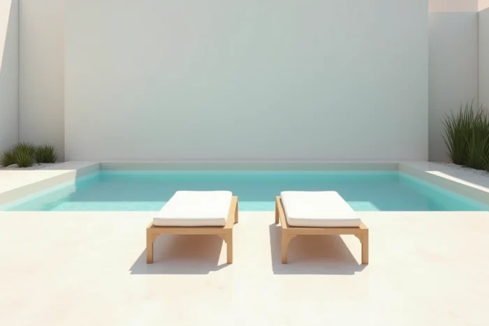 Approche minimaliste autour d'une piscine hors sol avec seulement deux transats en lin naturel sur une terrasse épurée