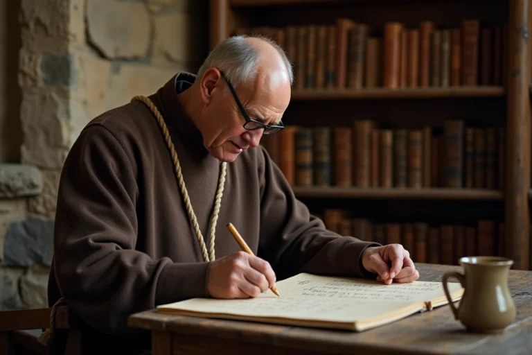 Moine catholique en habit brun assis à un bureau en bois dans un scriptorium monastique, consultant des documents financiers manuscrits