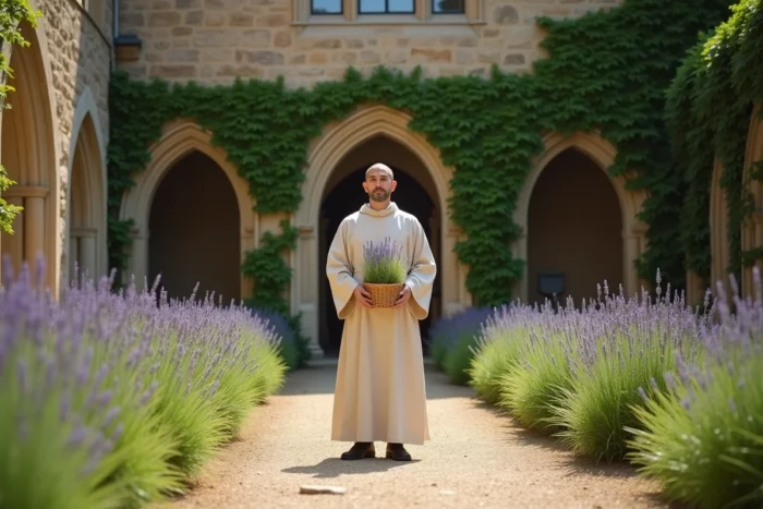 Moine catholique en habit blanc récoltant des herbes aromatiques dans le jardin d'un monastère français, illustrant la vie communautaire et le travail monacal