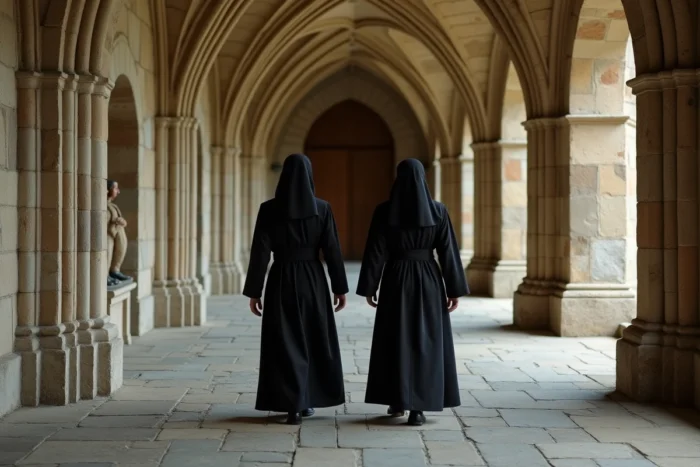 Deux moines bénédictins en habit noir marchant dans un couloir voûté d'une abbaye française, évoquant la vie quotidienne et l'organisation financière des communautés monastiques