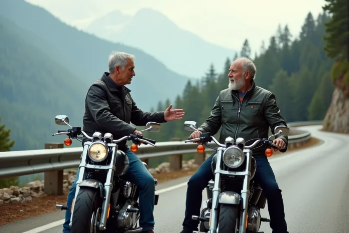 Deux motards passionnés discutant de la fiabilité des moteurs Harley-Davidson lors d'une pause sur une route de montagne