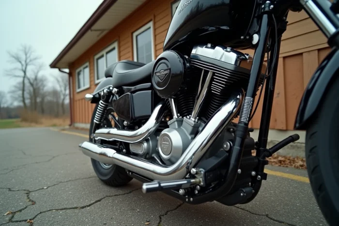 Gros plan sur le moteur V-Twin 117 pouces cubiques d'une Harley-Davidson garée devant un diner américain vintage