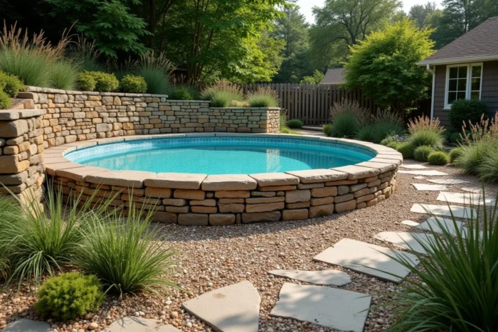 Muret en pierre sèche et gabion construit autour d'une piscine hors sol dans un jardin naturel et rustique