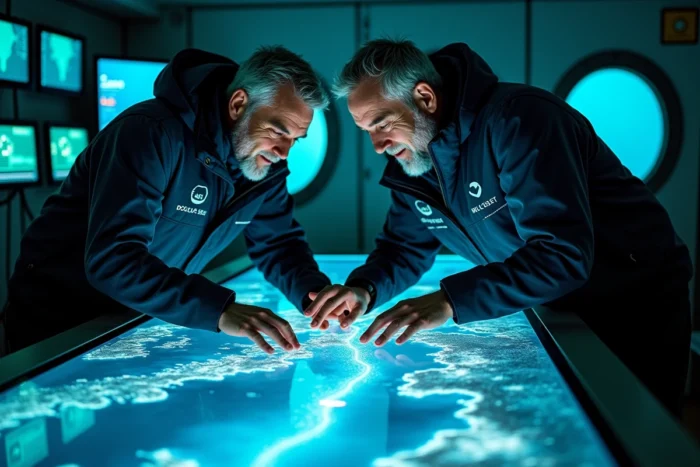 Deux océanographes analysant des cartes bathymétriques de fosses sous-marines à 3000 mètres dans une salle de contrôle de navire