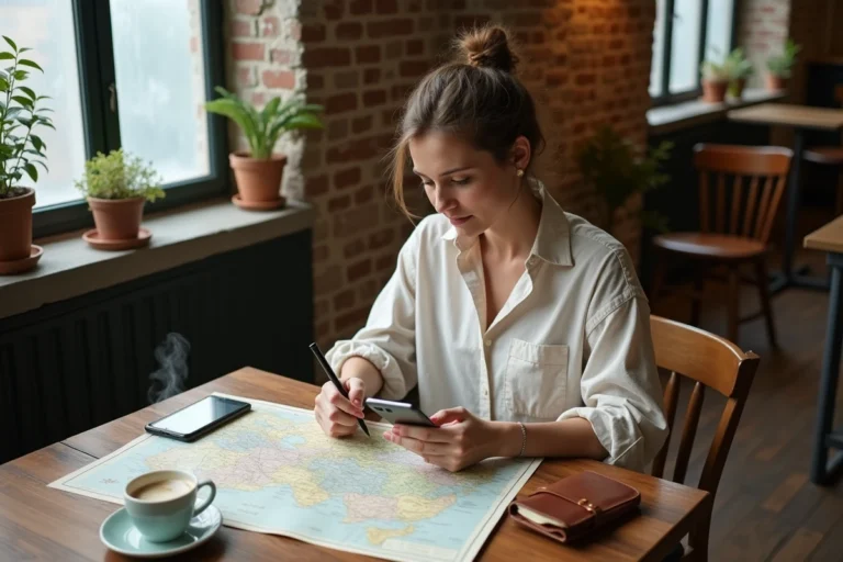 Femme organisant un voyage dans un café avec carte papier, passeport et application mobile de réservation de vols