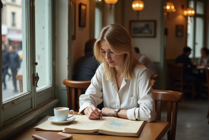 Femme consultant une carte et des notes de voyage dans un café parisien typique pour organiser un voyage en France