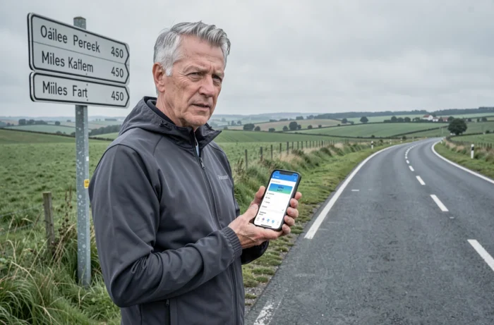 Homme consultant une application de conversion miles en kilomètres sur smartphone devant un panneau routier en campagne