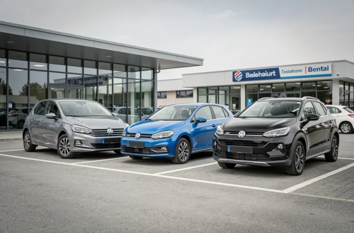 Rangée de voitures disponibles à la location longue durée dans un parc automobile d'une agence belge