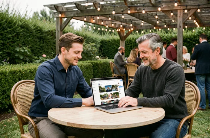 Deux hommes partageant des photos sur un ordinateur portable lors d'un événement en plein air