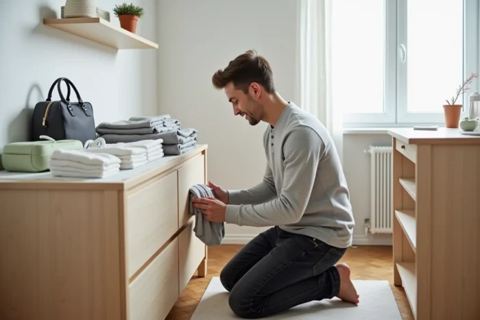 Père organisant les affaires de puériculture sur une table à langer dans une chambre de bébé au style scandinave épuré