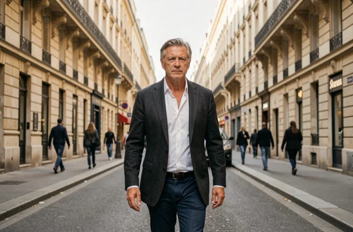 Personnalité médiatique marchant dans une rue parisienne en préservant son intimité