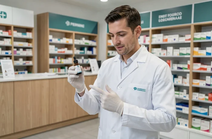 Pharmacien en blouse blanche tenant un flacon de collyre Sterdex et expliquant les instructions d'utilisation derrière le comptoir d'une pharmacie moderne