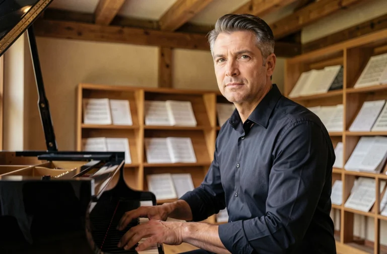 Contre-ténor assis au piano dans une salle de répétition en bois, regard pensif et posture détendue, ambiance musicale intimiste