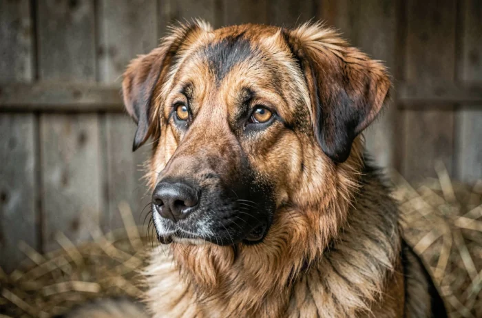 Portrait en gros plan d'un chien Timber Shepherd aux yeux expressifs dans une grange rustique, évoquant son héritage de chien de berger traditionnel