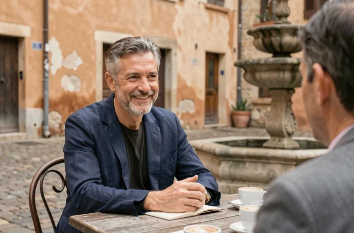 Homme d'âge mûr souriant dans un café de village provençal, illustrant la popularité culturelle du prénom Baptiste en France