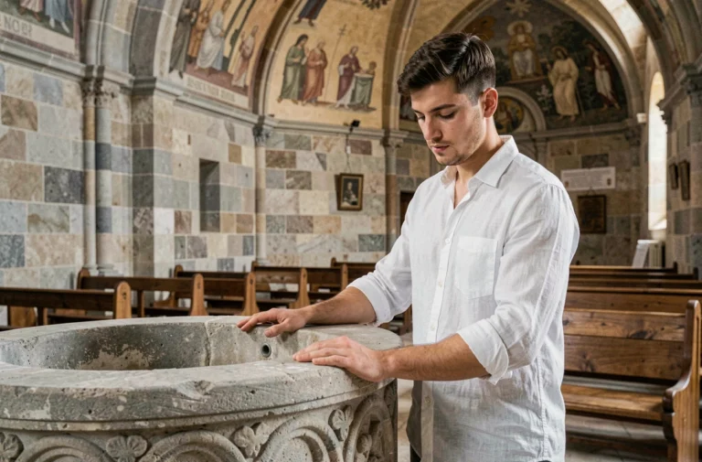 Jeune homme contemplant un baptistère en pierre ancienne dans une église romane, illustrant l'histoire du prénom Baptiste