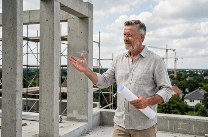 Promoteur immobilier examinant les plans d'un chantier de construction résidentiel