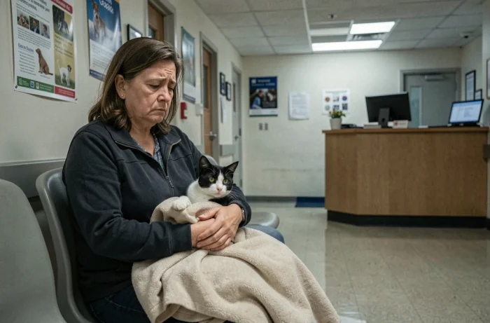 Propriétaire inquiète tenant son chat dans la salle d'attente d'une clinique vétérinaire de nuit