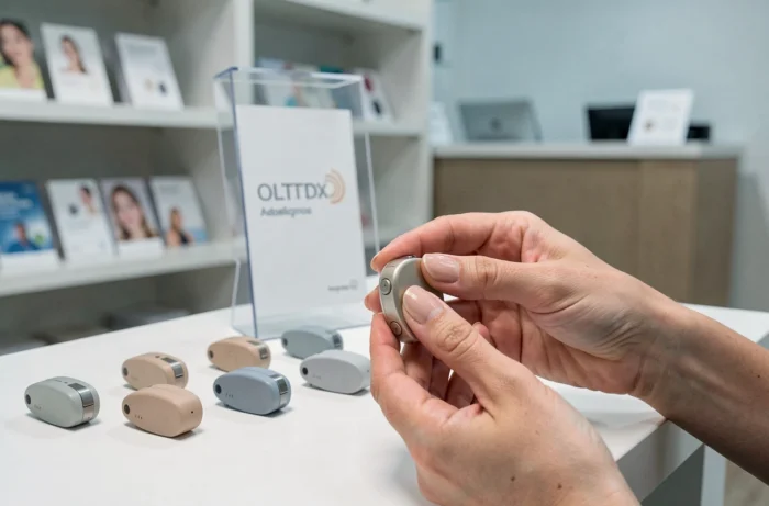 Présentation de prothèses auditives modernes dans une boutique d'audioprothésiste à Soissons