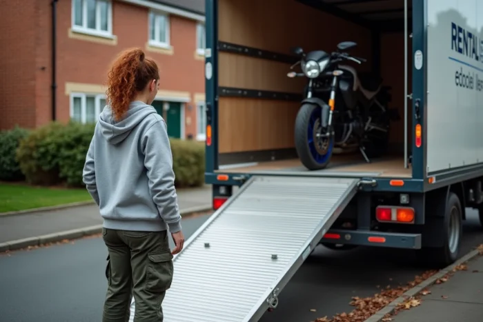 Femme utilisant une rampe de chargement pour monter une moto dans un camion de location