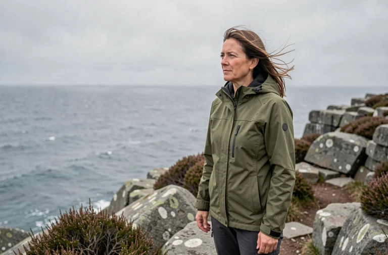Femme en veste imperméable contemplant la côte sauvage de Bretagne sur un sentier de randonnée en bord de falaise