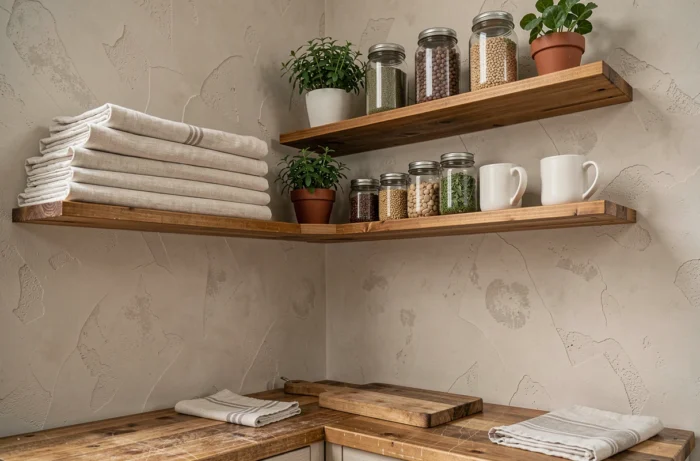 Étagères en bois bien organisées dans une cuisine avec bocaux en verre, herbes aromatiques et céramiques artisanales