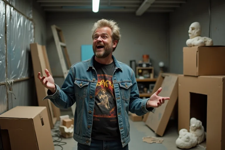 Réalisateur de film de série Z sur un tournage à petit budget avec décors artisanaux et accessoires en carton