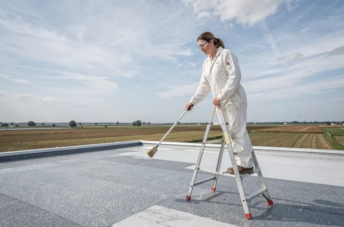 Femme en combinaison de protection appliquant un revêtement imperméable sur la toiture d'un mobil home depuis une échelle en aluminium
