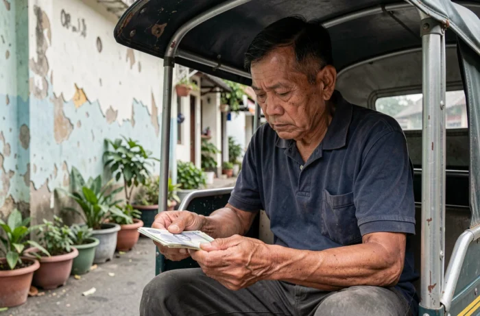 Chauffeur de tuk tuk comptant ses revenus en bahts thaïlandais en fin de journée dans une ruelle