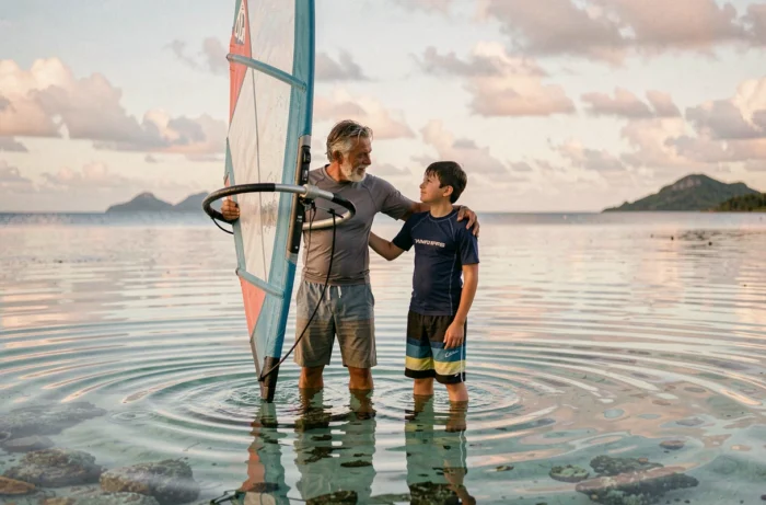 Robert Teriitehau et son fils partageant un moment de transmission et d'apprentissage du windsurf dans le lagon polynésien