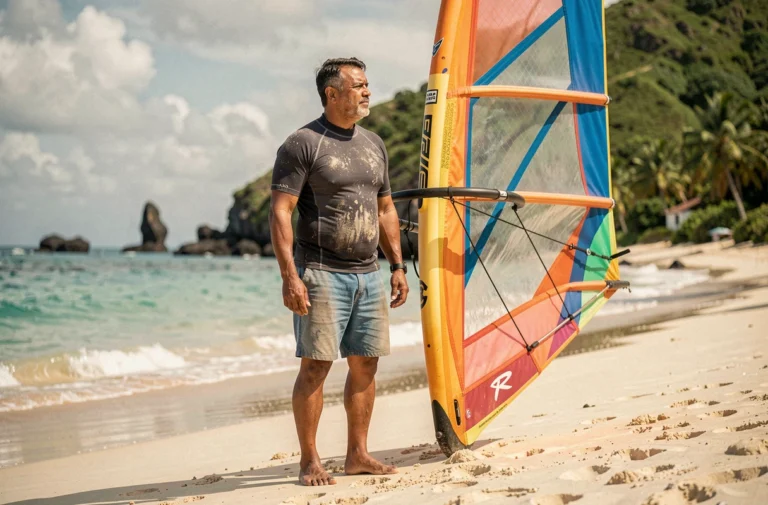 Robert Teriitehau, vétéran du windsurf polynésien, posant sur la plage avec sa planche colorée face à l'océan turquoise