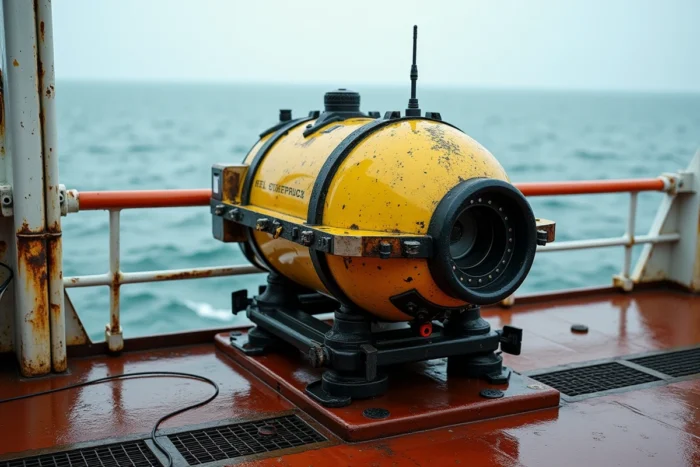 Robot sous-marin téléopéré sur le pont d'un navire océanographique avec vue sur l'océan en arrière-plan