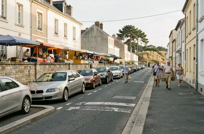 Vue de rue avec voitures garées près du marché en plein air de Fort-Mahon-Plage