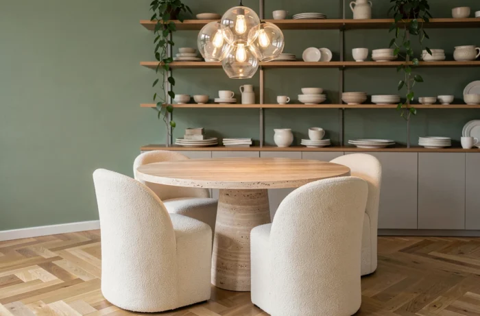 Salle à manger moderne avec table en travertin, chaises bouclette et suspension en verre soufflé dans un appartement aux tons sauge
