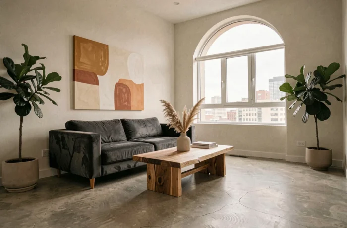 Salon moderne de style scandinave avec canapé en velours gris, table basse en chêne brut et art mural aux tons ocre et terracotta