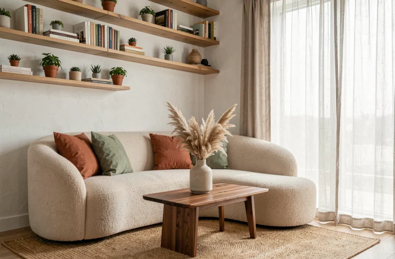 Salon chaleureux style scandinave avec canapé boucle beige, table basse en noyer, coussins terracotta et plantes vertes dans un appartement lumineux