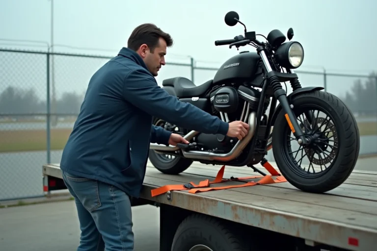 Homme attachant une moto sur un camion de location avec des sangles d'arrimage dans un parking