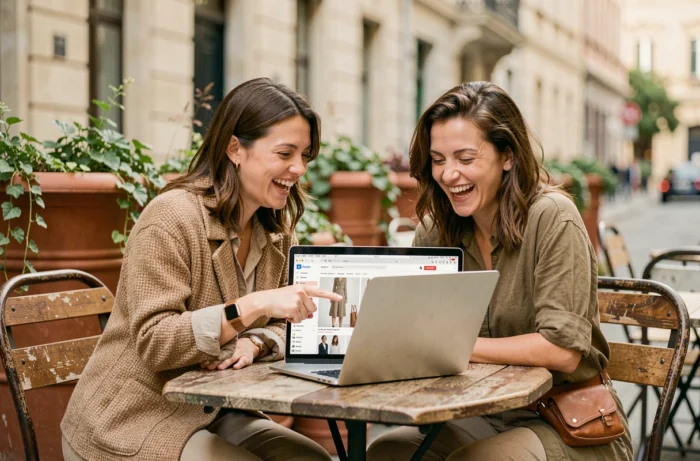 Deux femmes élégantes partageant un ordinateur portable dans un café en terrasse, découvrant ensemble des inspirations shopping tendance en ligne