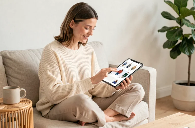Jeune femme en pull en maille crème faisant du shopping en ligne sur une tablette, assise sur un canapé en lin dans un intérieur scandinave minimaliste