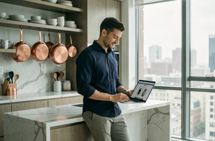 Homme en chemise marine faisant du shopping tendance en ligne sur un ordinateur portable dans une cuisine moderne avec plan de travail en marbre