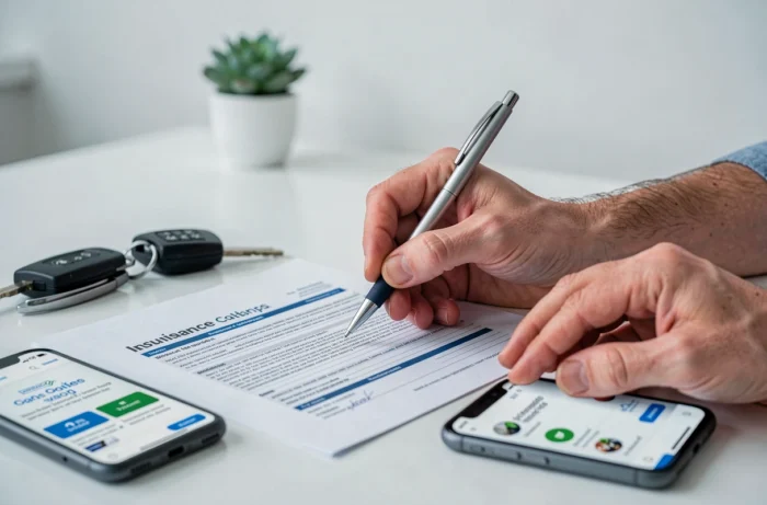 Mains signant un contrat d'assurance auto avec des clés de voiture et un smartphone sur une table blanche