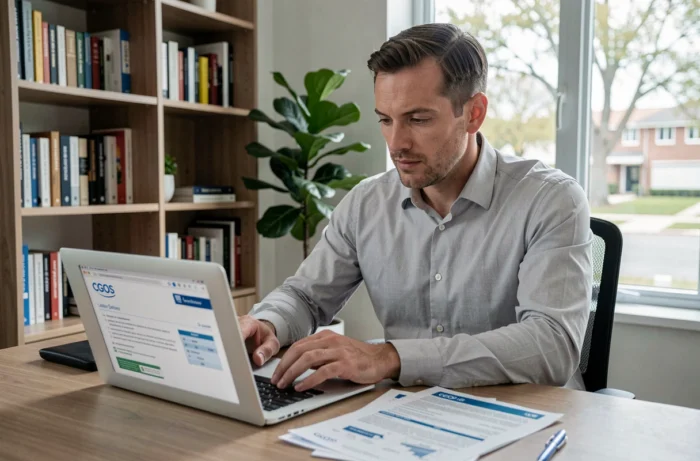 Homme consultant une simulation de financement CGOS pour l'achat d'une voiture neuve sur ordinateur portable