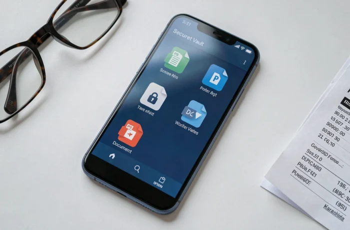 Smartphone Android affichant une interface de coffre-fort numérique sécurisé pour documents salariés avec bulletin de paie sur bureau blanc