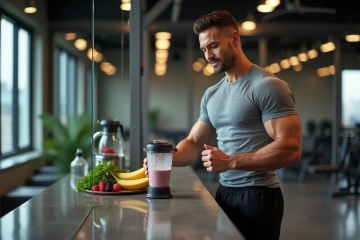 Sportif masculin préparant un smoothie protéiné post-entraînement dans un gym moderne avec des ingrédients frais et nutritifs
