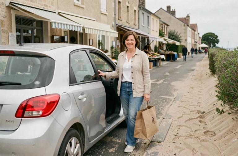 Femme garée près du marché de Fort-Mahon-Plage sortant de sa voiture avec ses sacs de courses